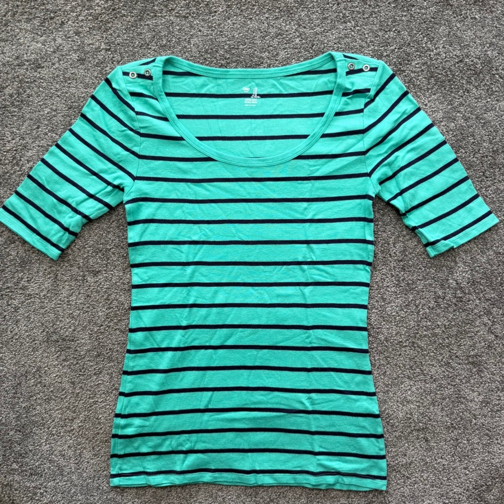 Gap Womens Super Soft Striped Elbow Sleeve Scoop Neck Top Green Navy Blue Medium